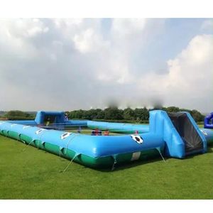 Popular blue and green outdoor game inflatable human foosball court soap football filed for amusement park