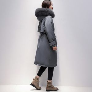 Fitaylor Large Real Foxの毛皮の襟ロングコート冬のジャケットの女性90％ホワイトアヒルダウン厚いパーカー暖かいサッシネーションアップ雪の外出201103