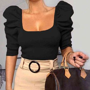 Vintage Puff Sleeve Women Blouse Square Neck Korean Style Tops Elegant Sexy White Black Slim Crop Blouse Women G220228