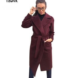 Taovk Kvinnors Jackor Coats Medium Long Belt Wool Blends Coat Now-down Collar Solid Färgfickor Parka 201210
