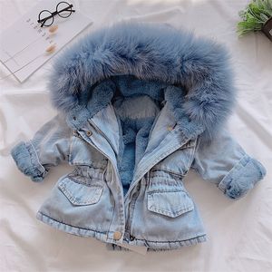 Kinderjacken für Mädchen mit Kapuze Kunstpelz Fleece Warmer Mantel Kleinkind Kinder Baby Mädchen mit Kapuze dicker Denim-Outwear 201106