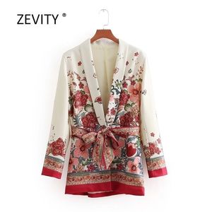 Kvinnor vintage retro röd blommig tryck kimono kostymjacka damer midja bowknot sashes outwear business casual slim coat ct070 201026