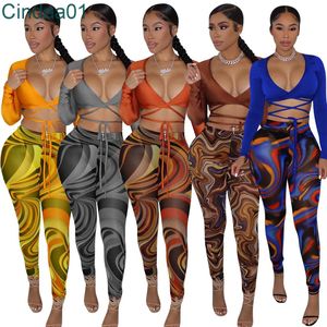 Women Sexy Screen Printed Two Piece Pants Suit Fashion Long Sleeve Tops And High Elastic Leggings Cacual Outfits