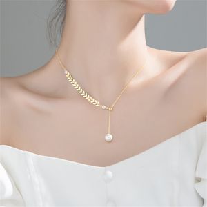 Kamira 925 Sterling Silver Elegant Romantic Leaf Pearl Bead Pendant Chain Halsband för kvinnor CLAVICLE Luxury Wedding Jewelry 220217