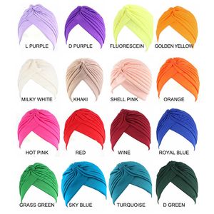 Polyester Headscarf Ethnic Indian Hat Solid Color Printed Knot Twisted Bottom Scarf Ladies No Eaves Chemical Hat Cancer Cap Cover XG0270