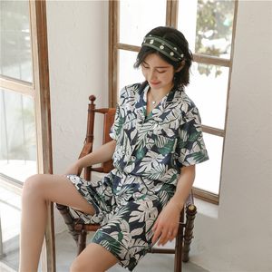 JULYS SONG Women Spring Summer Pajama Set Faux Silk V-Neck Pajamas Printed Leisure Nightwear Short Sleeves Shorts Sleepwear Y200708