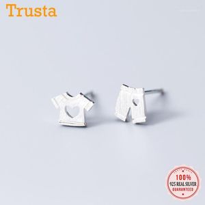 Stud Trusta 100% 925 Sterling Silver Women Jewelry Fashion Tiny Asymmetric Coat Trousers Earrings For Daughter Girls DS8691
