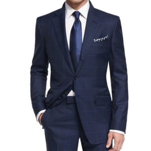 Luksusowa granatowa krata garnitur mężczyźni Custom Made Wool Mieszanka Biznes Garnitury z podszewką Bemberg, BEPOKE Tailore Casual WindowPane Blue Suit 201106