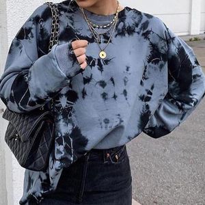 Sonbahar Boy Kravat Boya Baskı kadın Tişörtü O-Boyun Uzun Kollu Kadın Kazak Streetwear Rahat Gevşek Bayan Kazaklar T200730