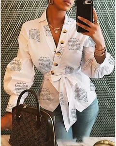 Newly Womens Button V Neck Letter Print Shirt Lace Up Ladies Single Breasted Autumn Lantern Sleeve Loose Tops Blouse1