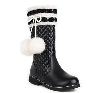 Fur Ball Bow Tie With Checkered Pattern Mid-Calf Boots Side Zipper Thick Heel Pink Women's Boots PU Shoes1