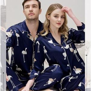 봄 가을 커플 남성 여성 연인 실크 잠옷 남자 긴 소매 잠옷 Twinset Loungewear Pajama Nightwear Bird T200813
