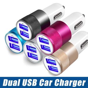 Metal Dual USB Port Car Phone Laddare Universal 2.1 A LED Snabb laddningsadapter för IP 6 7 8 Samsung Tablet