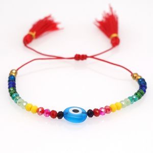 Armreif Neueste Kreative Regenbogen Farbe Kristall Perle Acryl Böse Augen Perlen Handgemachte Rote Baumwollseil Geflochtenes Armband Für Frauen