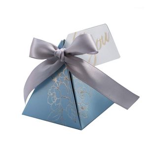 Gift Wrap Triangular Pyramid Box Wedding Favor Candy Boxes Gäster 50st/Lot Blue1