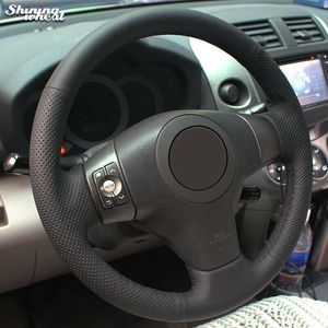 For Toyota Yaris Vios RAV4 2006-2009 DIY Black Genuine Leather Steering Wheel Cover Anti-slip fit all season comfort touch sense