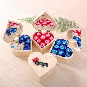 Heart Shape Wooden Box Rose Flowers Bear Bouquet Boxes Handmade Roses Soap Flower With Mirror Case Valentine Day Gift Party Favor BH5811 TYJ