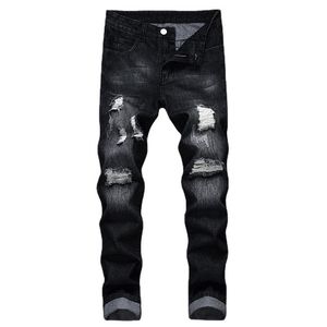 Men's Jeans Black Hole Denim Men Slim Solid Color Bleached Ripped Full Length Casual Trousers Cowboy High Quality Fashion