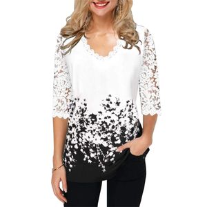 Camicia taglie forti Camicetta da donna Camicetta femminile Femmes Camicette Stampa floreale Scollo a V Mezza manica Pizzo Giuntura Stampa Boho Camicia da donna LJ200812