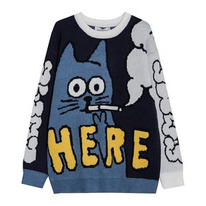 Homens Sweater Dos Desenhos Animados Gato Engraçado Impressão O-Nec Pullover Suéters Homens Slim Slim Casual High Street Moda Outono Streetwear