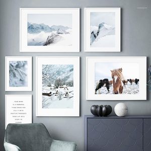 Wholesale art paintings resale online - Paintings Alps Ice Mountain Smog Pine Forest Horse Wall Art Canvas Painting Nordic Posters And Prints Pictures For Living Room Decor1