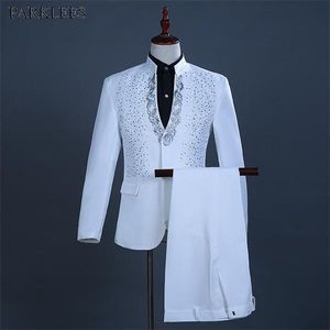 Vit Broderad Diamond Suit Män Bröllop Brudgum Tuxedo Stand Collar Prom Stage Costume Mens Passar med byxor Ternos C1007