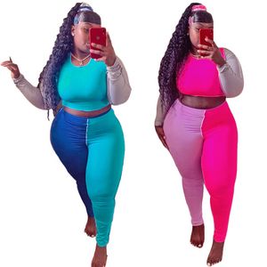 Plus size 3X 4X Women fall winter designer bigger size clothing two piece set panelled outfits long sleeve sweatshirt crop top+pants 3957