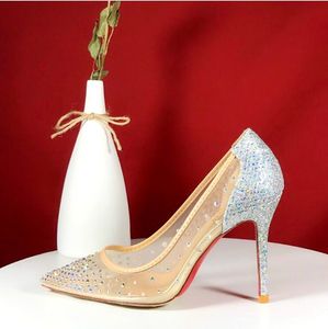 Designer- Kvinnor Höga klackar fisknät stil spetsig tå strass Kristall bling Silver golden pumps kvinnor Klackar fest Bröllopssko