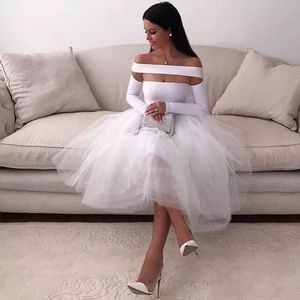 Setwell Off The Shoulder A-line Cocktail Dresses Long Sleeves Sexy Backless Tea Length Pleated Prom Party Gowns