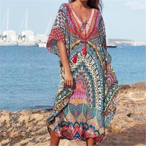 Schnell trocknende Bikini-Vertuschungen Böhmisches bedrucktes Sommerkleid Kaftan Lange rote Tunika Frauen Strandkleidung Badeanzug-Vertuschung Q897 T200324