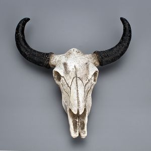 Resin Longhorn Cow Skull Head Wall Hanging decoration 3D Animal Wildlife Sculpture Figurines Crafts Horns for Home Decor T200331