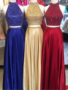 Sexig High Neck Beaded Top Bodice 2 Stycken Delar Midriff-Baring Show Belly Column Silhouette Glossy Fabric Prom Evening Gowns Masque