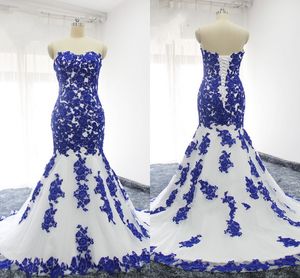 Royal Blue Applique Lace Mermaid Wedding Dresses Strapless Beaded Sequins Plus Size Bridal Dress For Womens Party Bridal Custom Fo265O