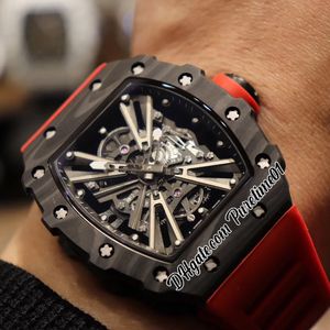 2022 Carbon Fiber Miyota Automatic Mens Watch All Black Skeleton Dial Red Rubber Strap Super Edition Puretime01 1201D4245S