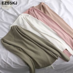 chic casual Autumn Winter Basic v-neck Sweater pullovers Women loose Knit Pullover female Long Sleeve Khaki Sweater 201119