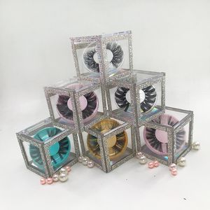 Novo Design Lash Caixas Glitter Rhinestone Cube Box Handmade Mink Faixa Lashes Dramatic 25 milímetros Fluffy 3D Mink cílios