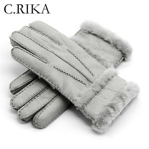 100% Genuine Sheepskin Leather Gloves Women Winter Autumn Fashion Warm Fleece Snow Mittens Men Outdoor Five Finger Wrist 220111