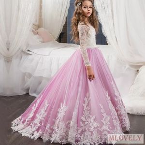 Neues Prinzessin-Ballkleid mit langen Spitzenärmeln für Kinder, formelles Festzugskleid für Mädchen im Alter von 5–12 Jahren