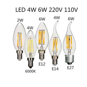 10st LED-lampa C35 E14 E12 E27 220V 110V Dimbar 2W 4W 6W Design Energibesparande Stearinljus Vit Filamentlampa 360 graders lampa H1222