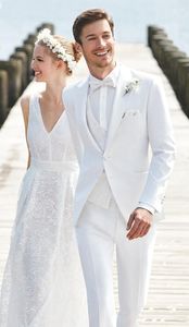 Мужские костюмы Blazers Оптовые - белые свадебные мужские тонкие подходят для мужчин Жених смокинг для мужчин Дубовменные брюки костюм пика