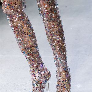 Abesire 2019 Yeni Kadınlar Çok Renkli Glitter Kare Yüksek Topuklu Üzerinde Diz Çizmeler Bayanlar Sivri Burun Yan Fermuar Pist ayakkabı Y200723