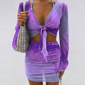 Etekler Yaz İki Parçalı Elbise Mesh Uzun Kollu Kırpma Üst Mini Tatil Eşleştirme Seti Baskı Moda Kıyafetler Y2K Bodycon Etek