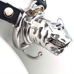 NXY CHASTITY DISPOSITIVO CABEÇA DE LEOPARD MANHO DA CABETA COM AJUSTABLE PU Bondage Belt for Homens Bloqueio Permanente Anéis de Penis Aço Inoxidável Toys1221