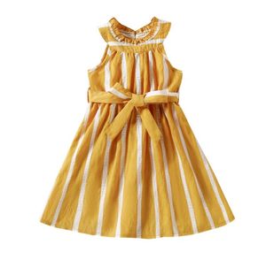 Round collar striped summer dress for baby girls yellow bow belt dresses