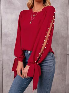 Pearl Beaded Tie Cuff Slit Sleeve Blouse A82J#