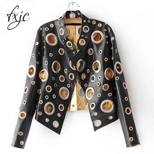 Spring Personality PU Round Hole Women Jacket Gold Black Silver Color Stand Collar Long Sleeve Coat Leather Clothing Top LJ200813