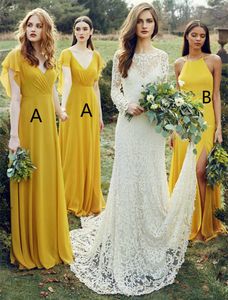 Yellow Bridesmaid Dresses Halter Chiffon Custom Made A Line Short Sleeves Maid Of Honor Gown Country Beach Wedding Party Vestidos Formal Ocn Wear