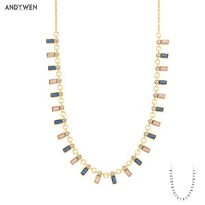 Andywen 925 Sterling prata colorido zircão roxo azul cristal charme chocker colar longo cadeia moda luxo jóias presente q0531