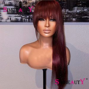 30inch Bone Straight Fringe Human Hair Wigs With Bangs Burgundy Red Full Machine Made Wig 200Density Indian Remy Hair For Women