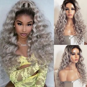 Longo Curly Perucas Ombre Grey peruca resistente ao calor de cabelo sintético de fibra peruca dianteira do laço para as Mulheres Cosplay Wigs